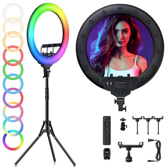 45cm LED Ring Light avec Trépied, 3-Modes RGB LED Lumière Anneau avec Support et télécommande 3000k-6500k