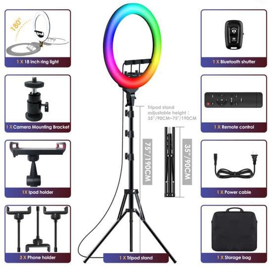 45cm LED Ring Light avec Trépied, 3-Modes RGB LED Lumière Anneau avec Support et télécommande 3000k-6500k