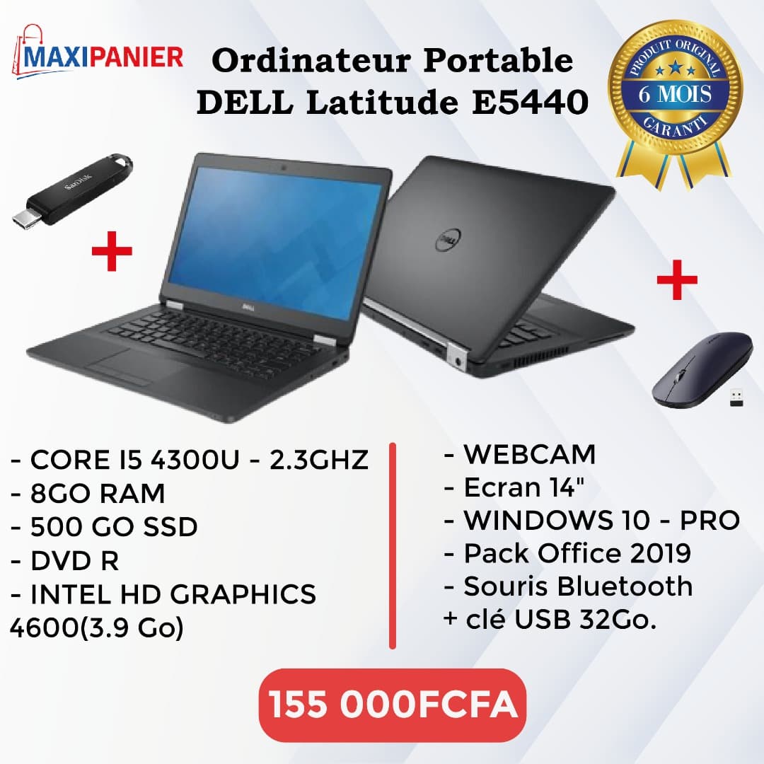 PC PORTABLE DELL LATITUDE E5440 4EME GÉNÉRATION I5 4300U 2.3 GHZ 8G DDR3 500G SSD - ECRAN 14" HD - 3G INTÉGRÉ - WINDOWS 10 PRO - RECONDITIONNE, ETAT NEUF - GARANTIE 06 mois